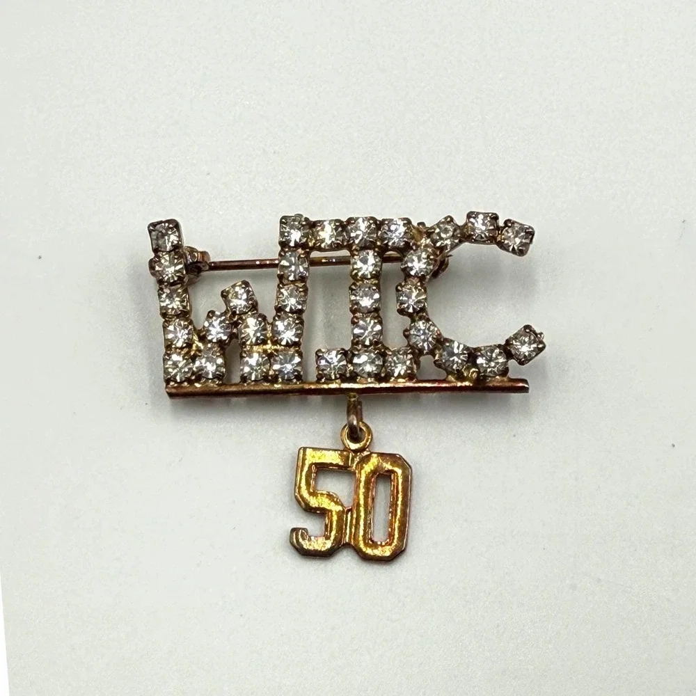 WIC 50 Rhinestone Brooch Gold Tone Anniversary Pin Dangle Charm